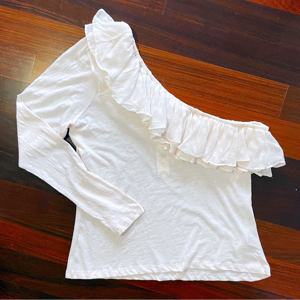 Anthropologie Women’s Cream Textured Dot Ruffle One-Shoulder Top XL NWT